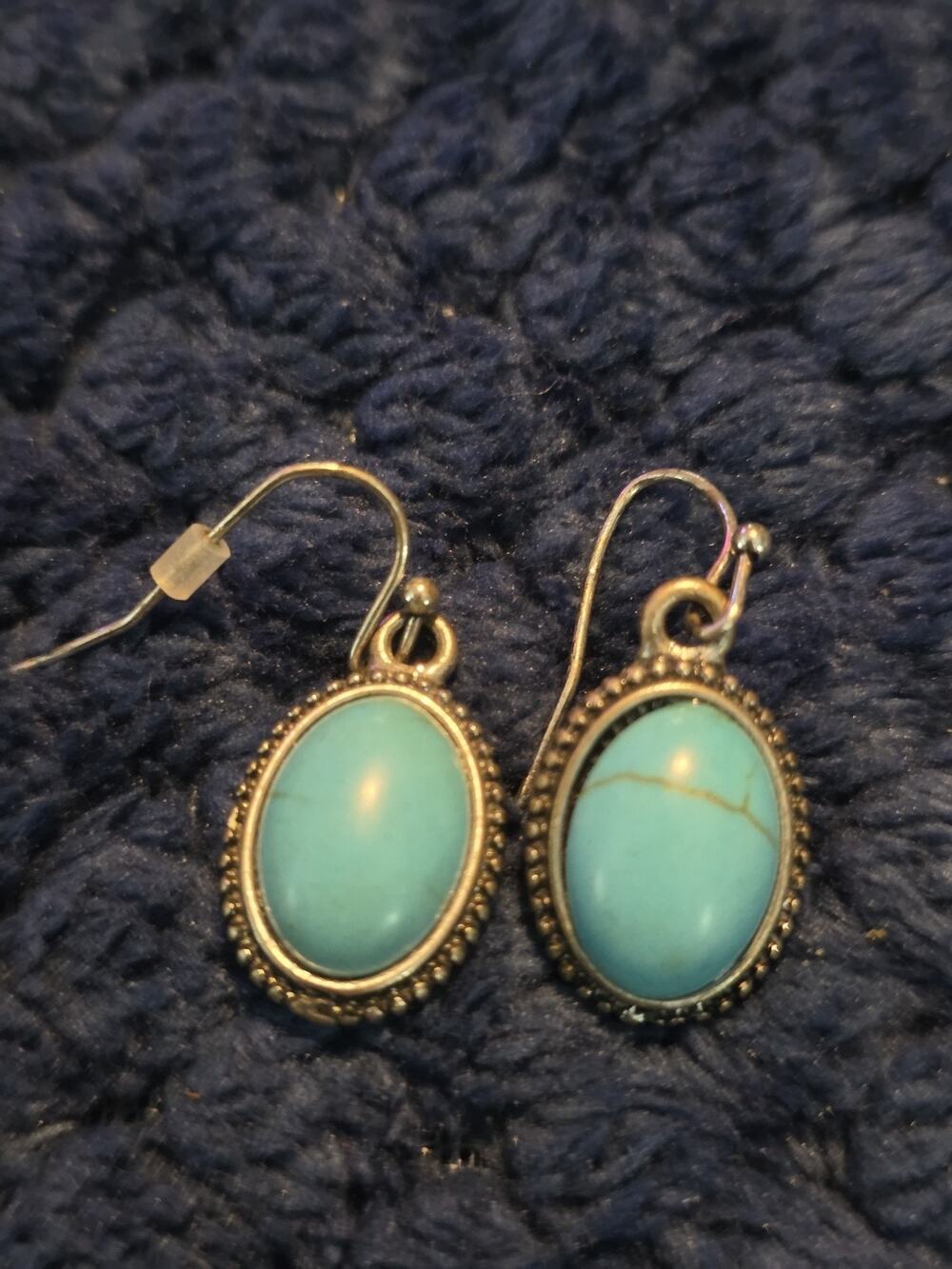Vintage Southwestern Turquoise Dangle Earrings Oval Cabochon Silver Tone Boho...